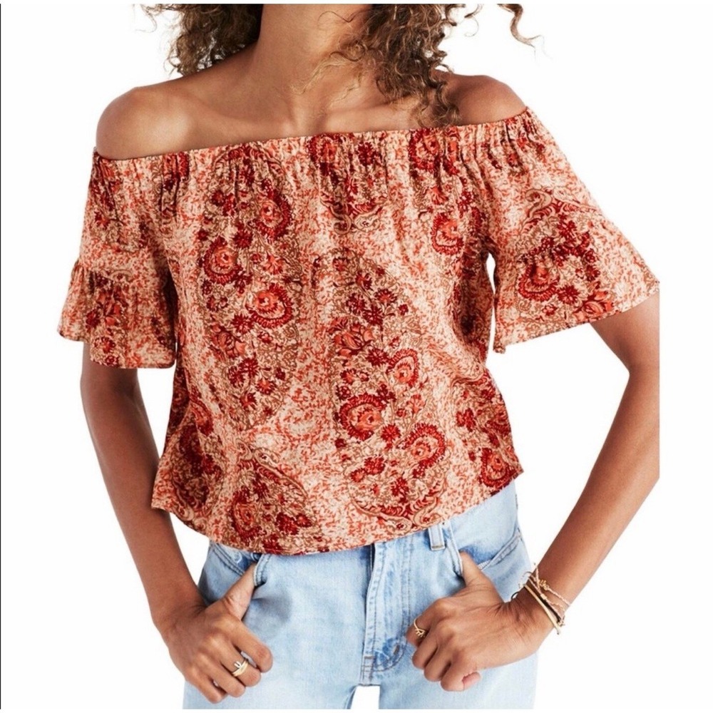 Madewell 100% Silk Off Shoulder Paisley Boho Top Small‎